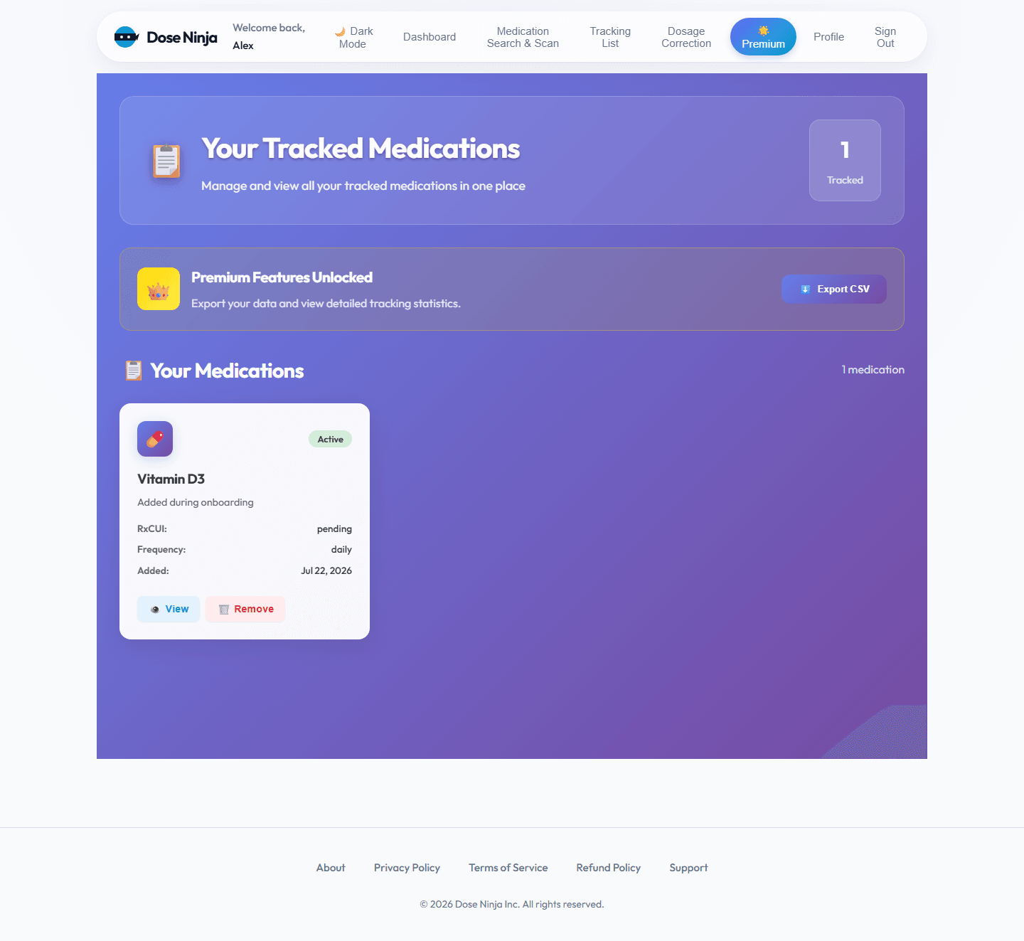 Your Medications screen in Dose Ninja, showing real sample data